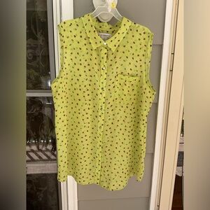 LIZ CLAIBORNE Lime Green Ladybugs Large Sleeveless Sheer Button Blouse Top EUC